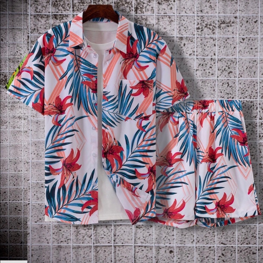 Tropical print shirt and short two pieces
